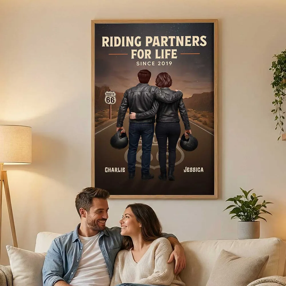 Personalized Biker Couple Poster, Riding Partners for Life Road Scene Wall Art, Unique Gift for Him & Her - Image 5