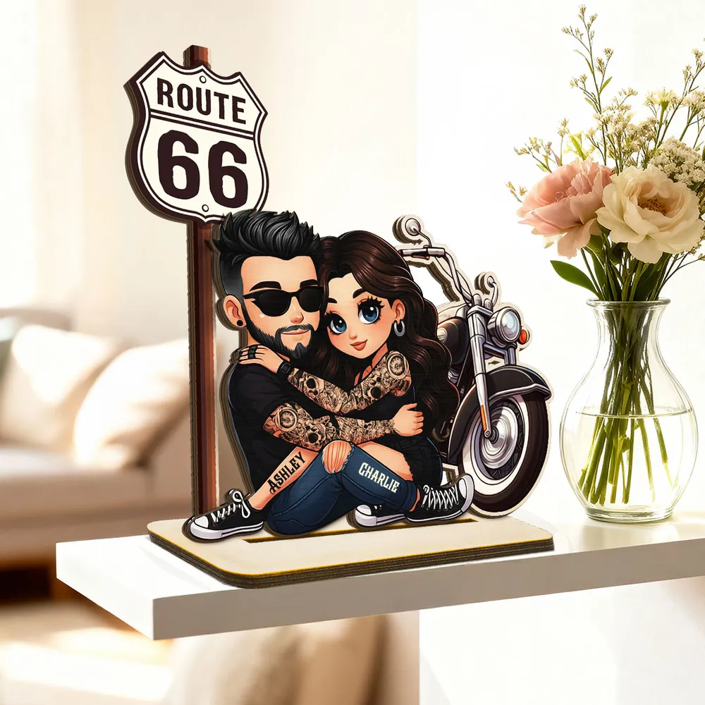 Personalized 2-Layer Wooden Plaque Biker Couple Hugging by Route 66 Motorcycle - Unique Gift For Couples - Image 7