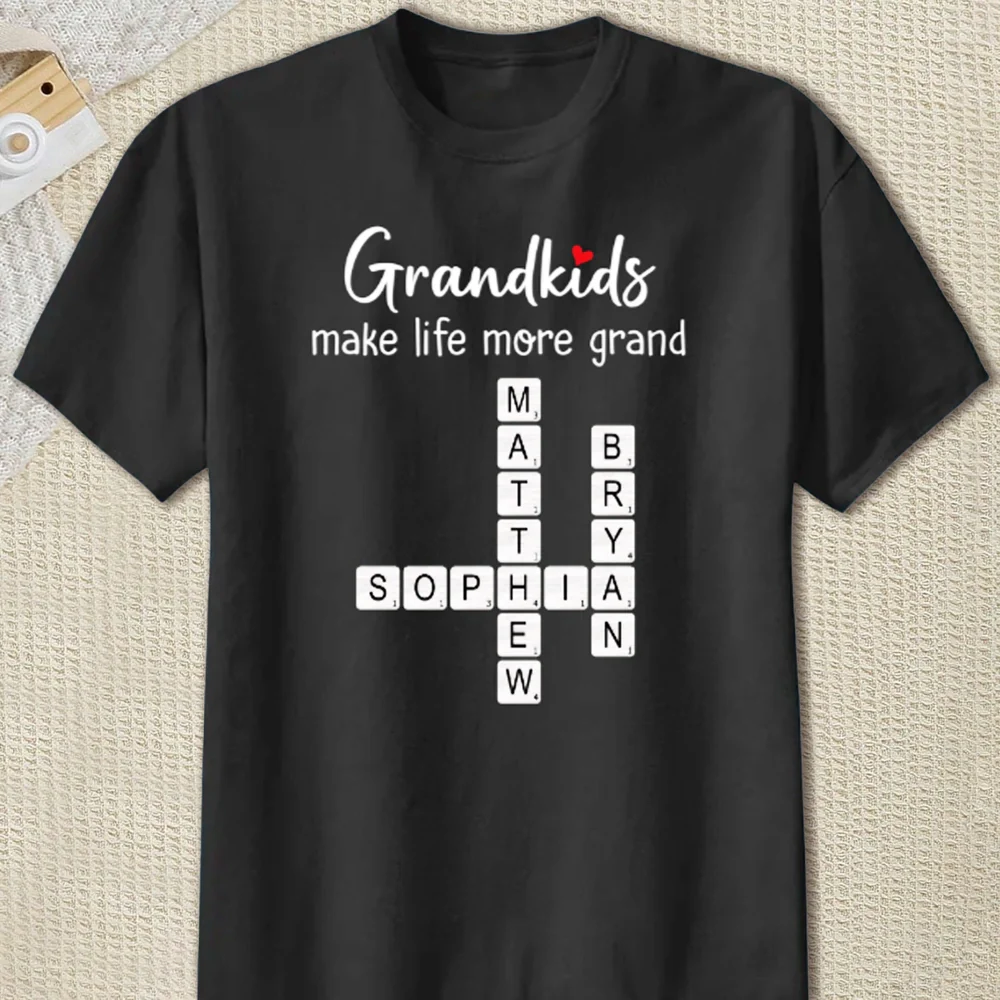Grandkids Make Life More Grand Classic Tee, Personalized Crossword Name Shirt, Unique Gift for Grandma or Mom
