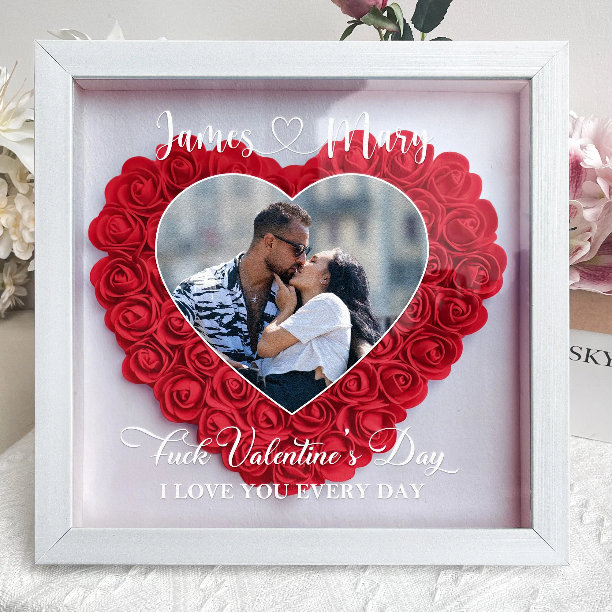 Personalized Flower Shadow Box with Heart Photo for Kissing Couple Romantic Home Display Unique Gift for Wife or Husband - Image 2