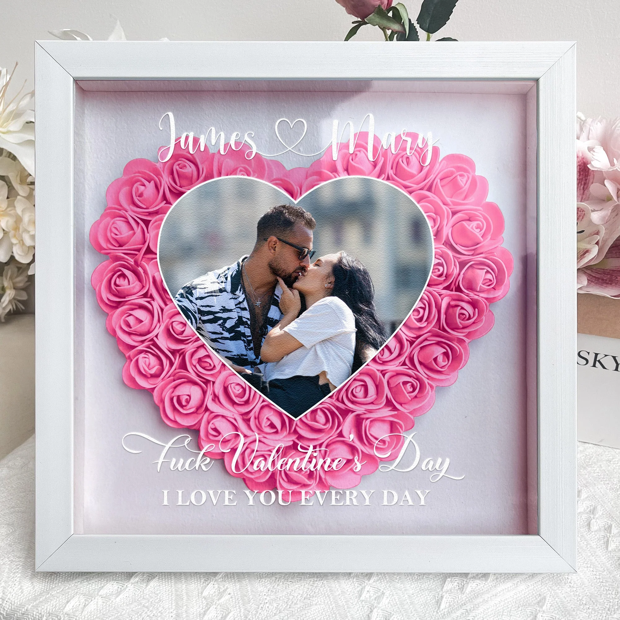 Personalized Flower Shadow Box with Heart Photo for Kissing Couple Romantic Home Display Unique Gift for Wife or Husband - Image 3