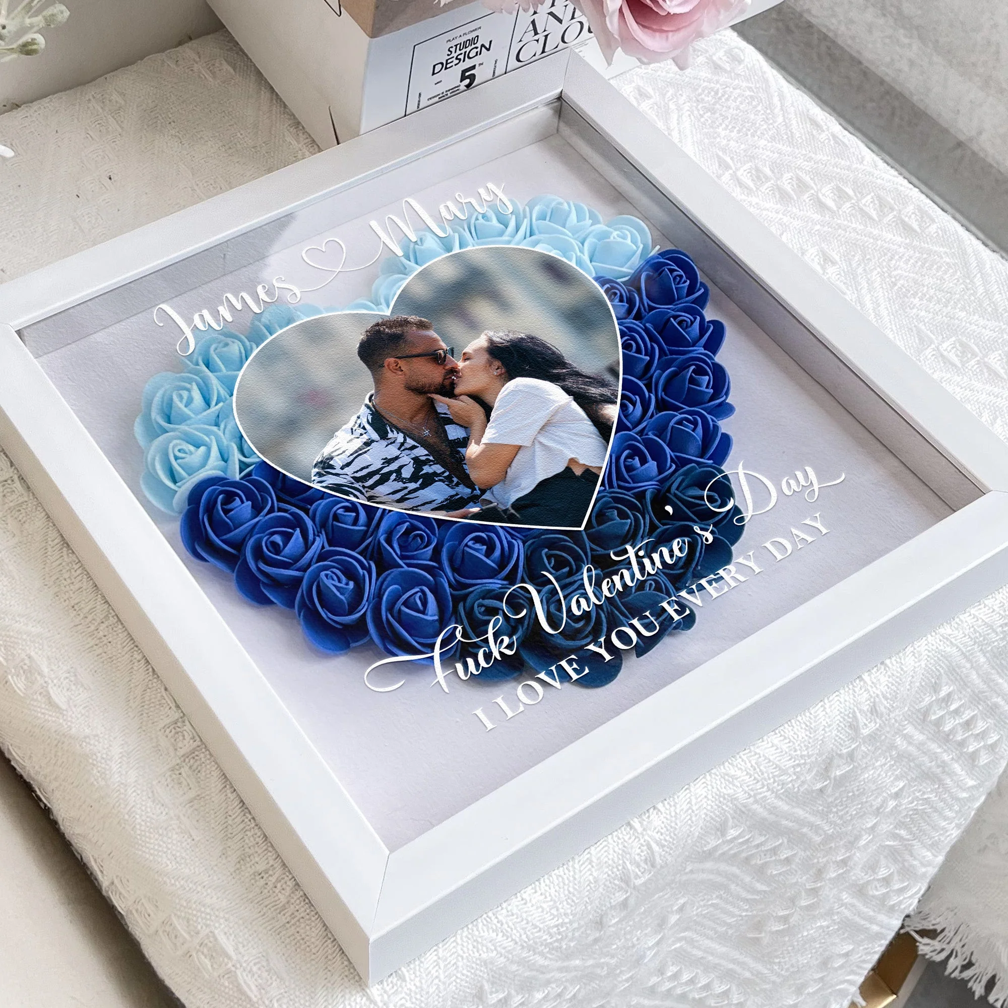 Personalized Flower Shadow Box with Heart Photo for Kissing Couple Romantic Home Display Unique Gift for Wife or Husband - Image 6