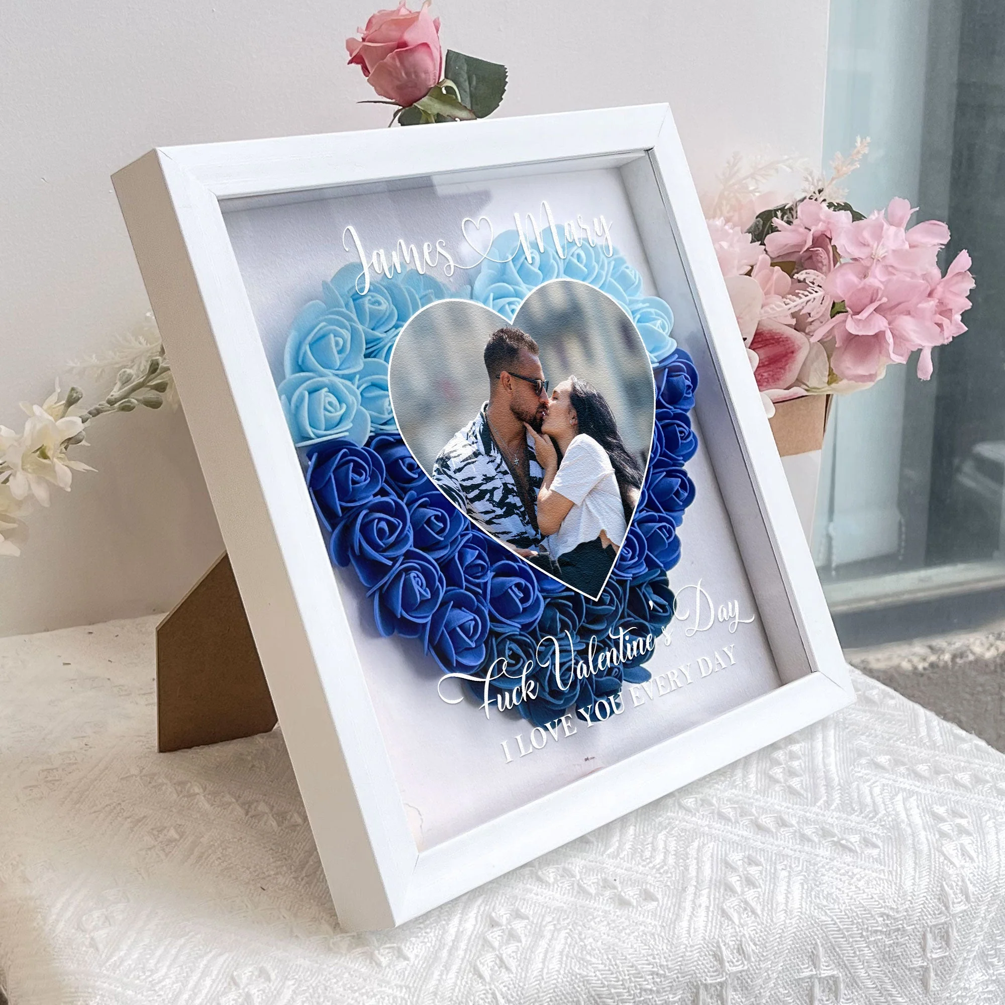 Personalized Flower Shadow Box with Heart Photo for Kissing Couple Romantic Home Display Unique Gift for Wife or Husband - Image 7