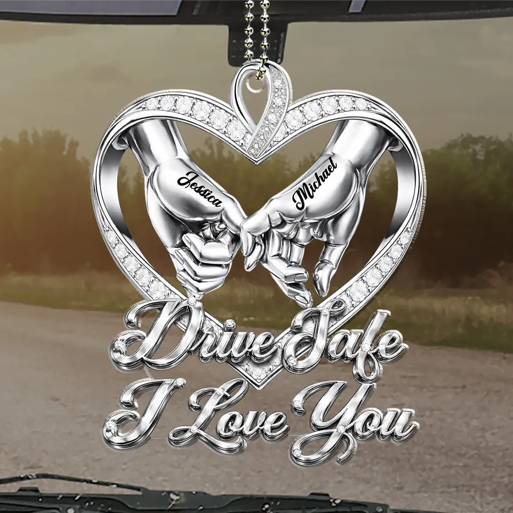 Personalized Acrylic Car Hanger Drive Safe I Love You Heart Hands Car Mirror Decor - Unique Gift for Couple - Image 3