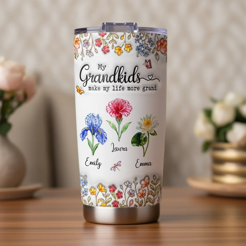 Personalized Insulated Travel Tumbler with Grandkids Floral Design, Sweet Grandma Gift for Coffee Runs and Hydration On the Go