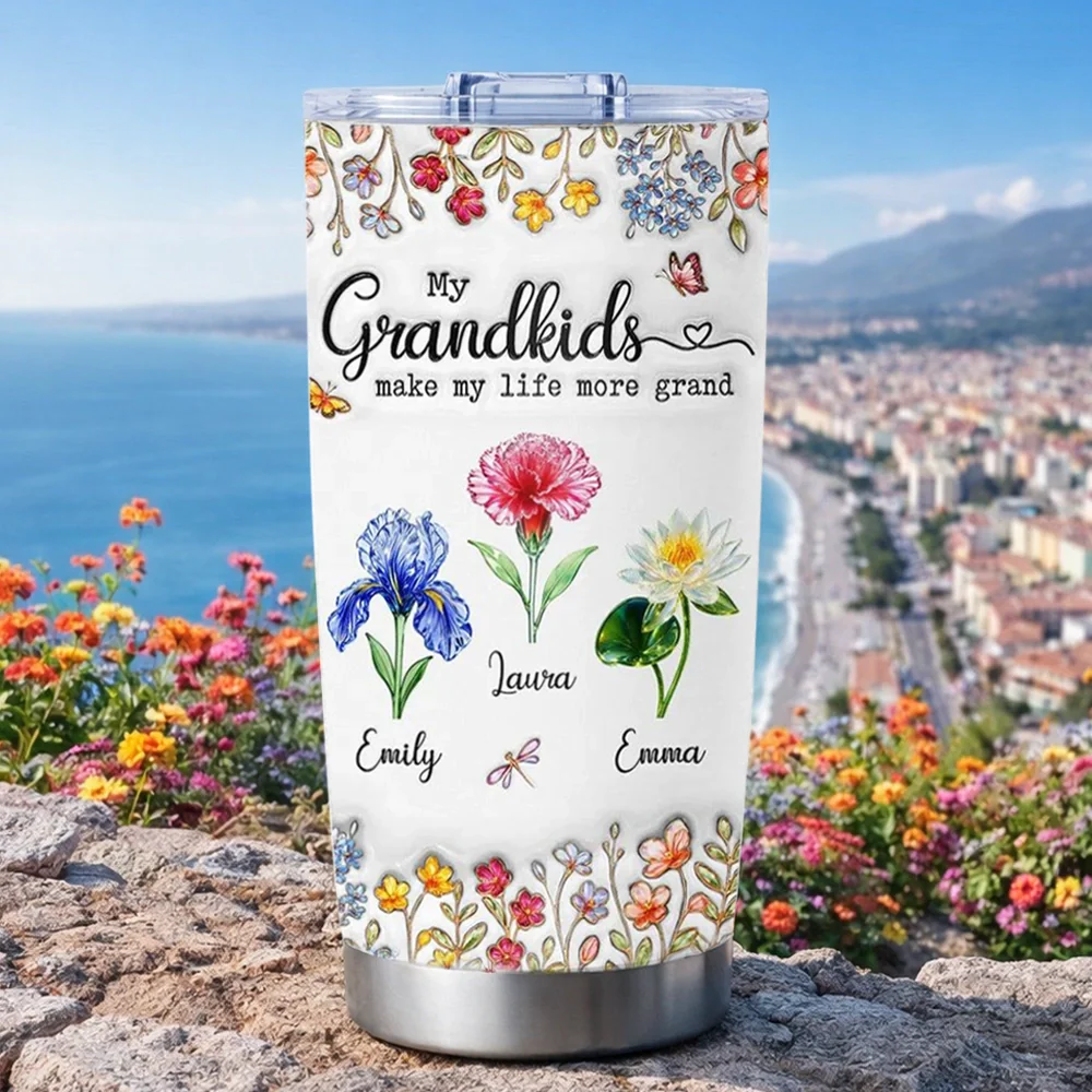 Personalized Insulated Travel Tumbler with Grandkids Floral Design, Sweet Grandma Gift for Coffee Runs and Hydration On the Go - Image 4