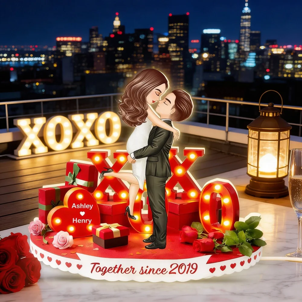 Custom Acrylic Light Box with XO Love Scene and Couple Embrace, Cozy Nightstand Light, Meaningful Gift for Wife or Husband