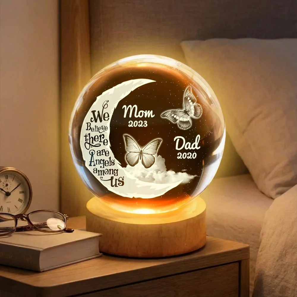 Personalized Globe Lamp with Moon & Butterflies Memorial Quote, Warm Night Light, Unique Gift for Mom or Dad