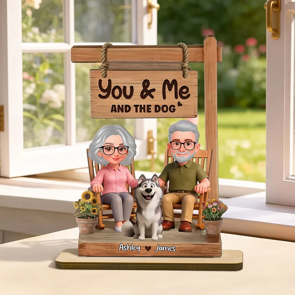 You & Me and the Dog 2-Layer Wooden Plaque, Personalized Sweet Cartoon Keepsake for Couple and Dog Lover Gift