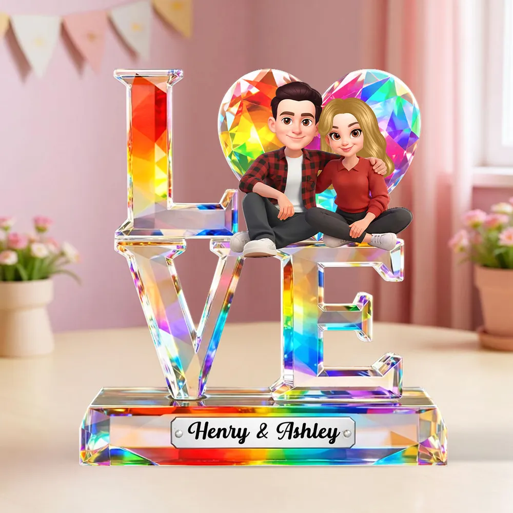 Personalized Shaped Acrylic Block Plaque LOVE with Heart & Cute Couple Sitting - Unique Valentine's Gift for Him or Her - Image 3