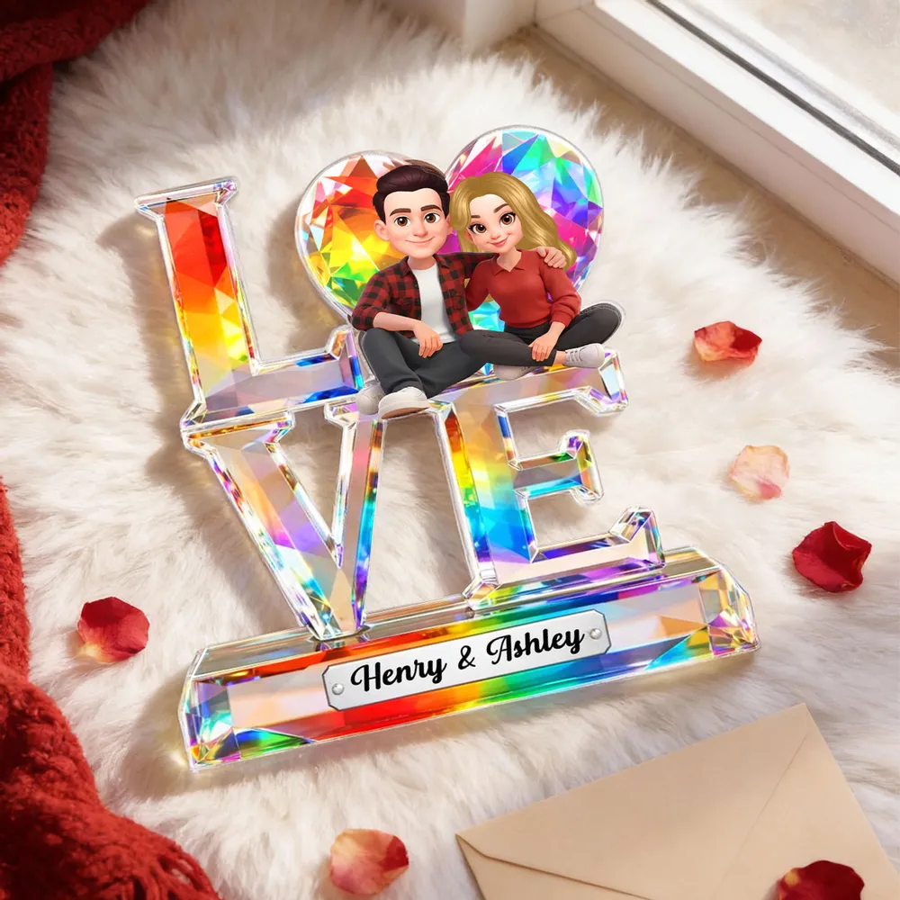 Personalized Shaped Acrylic Block Plaque LOVE with Heart & Cute Couple Sitting - Unique Valentine's Gift for Him or Her - Image 8