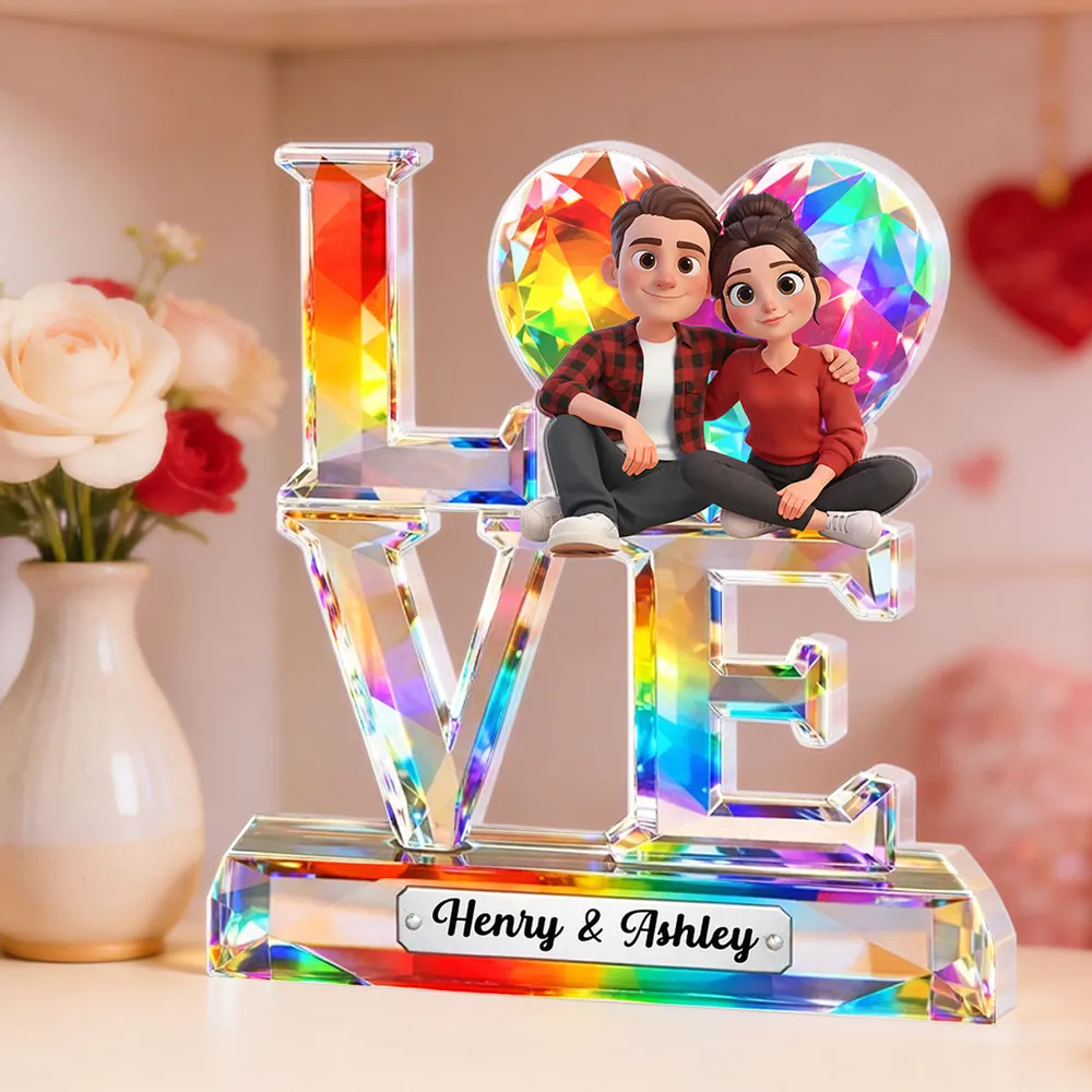 Personalized LOVE Shaped Acrylic Block Plaque With Cozy Sitting Couple, Rainbow Crystal Look Decor, Unique Gift For Her Or Him - Image 2