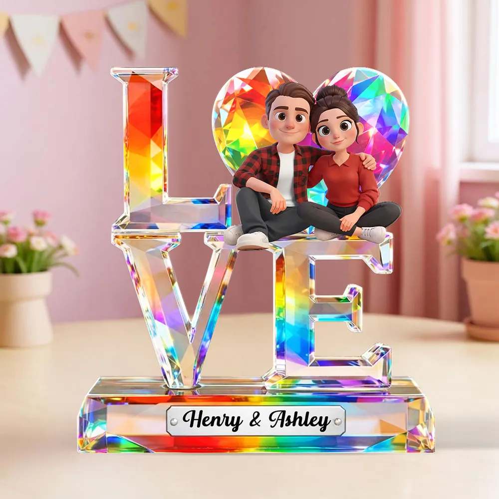 Personalized LOVE Shaped Acrylic Block Plaque With Cozy Sitting Couple, Rainbow Crystal Look Decor, Unique Gift For Her Or Him - Image 3