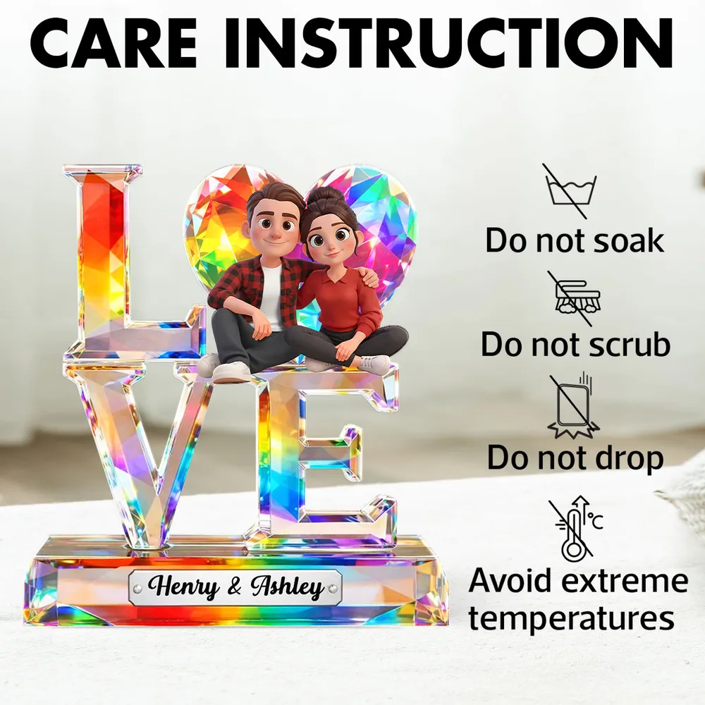 Personalized LOVE Shaped Acrylic Block Plaque With Cozy Sitting Couple, Rainbow Crystal Look Decor, Unique Gift For Her Or Him - Image 5