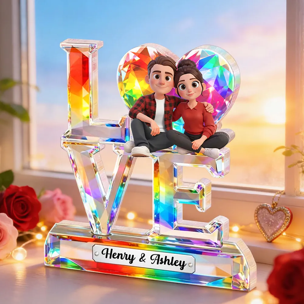 Personalized LOVE Shaped Acrylic Block Plaque With Cozy Sitting Couple, Rainbow Crystal Look Decor, Unique Gift For Her Or Him - Image 7