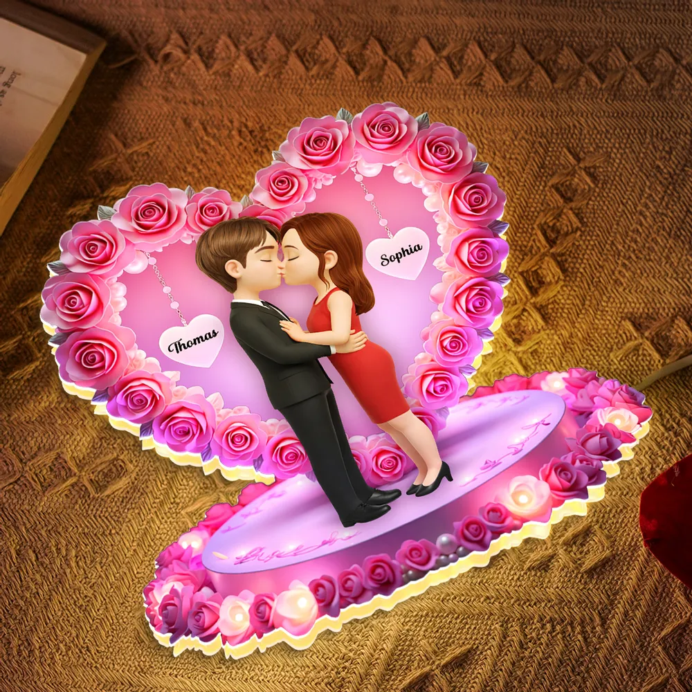 Personalized Acrylic Light Box Kissing Couple in Rose Heart Night Light for Bedroom Warm Glow Unique Gift for Her or Him - Image 2