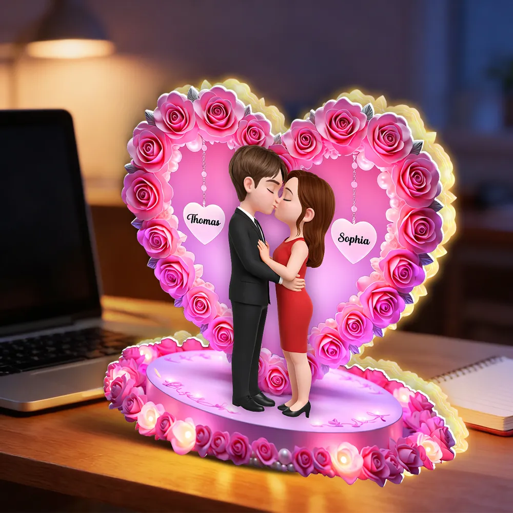 Personalized Acrylic Light Box Kissing Couple in Rose Heart Night Light for Bedroom Warm Glow Unique Gift for Her or Him - Image 3