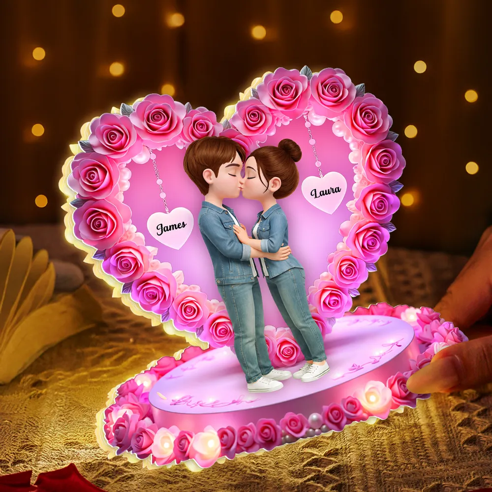 Personalized Acrylic Light Box Kissing Couple in Rose Heart Night Light for Bedroom Warm Glow Unique Gift for Her or Him - Image 5