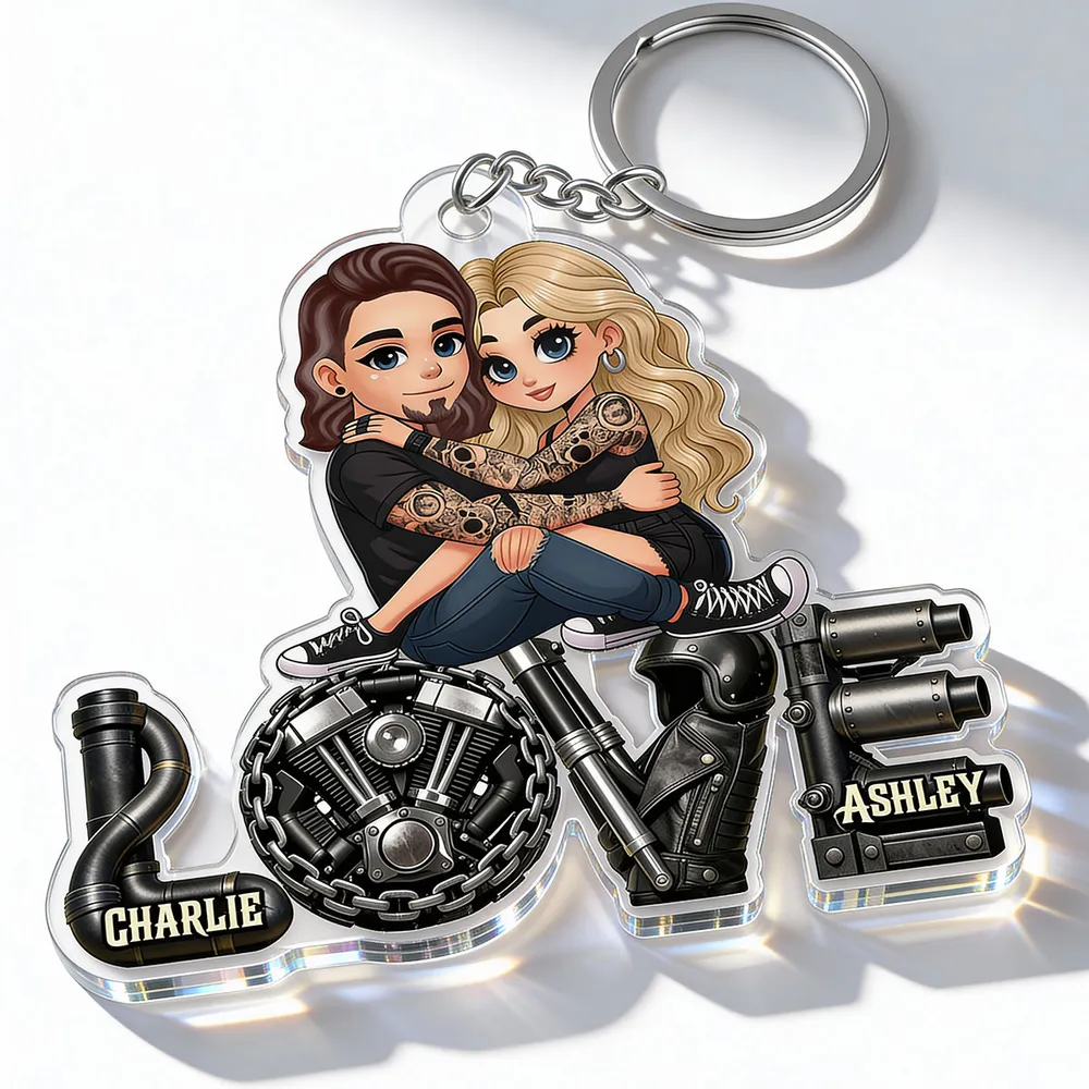 Personalized Biker Couple Acrylic Keychain Cute Cartoon Hugging Riders Cool Accessory Unique Gift for Him or Her - Image 2
