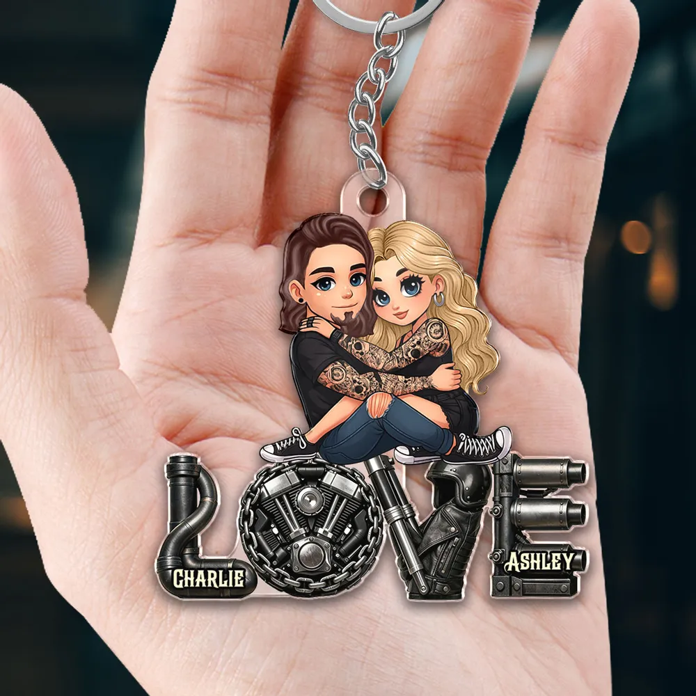 Personalized Biker Couple Acrylic Keychain Cute Cartoon Hugging Riders Cool Accessory Unique Gift for Him or Her - Image 5