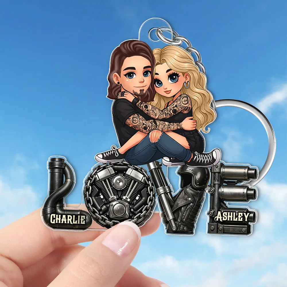 Personalized Biker Couple Acrylic Keychain Cute Cartoon Hugging Riders Cool Accessory Unique Gift for Him or Her - Image 8