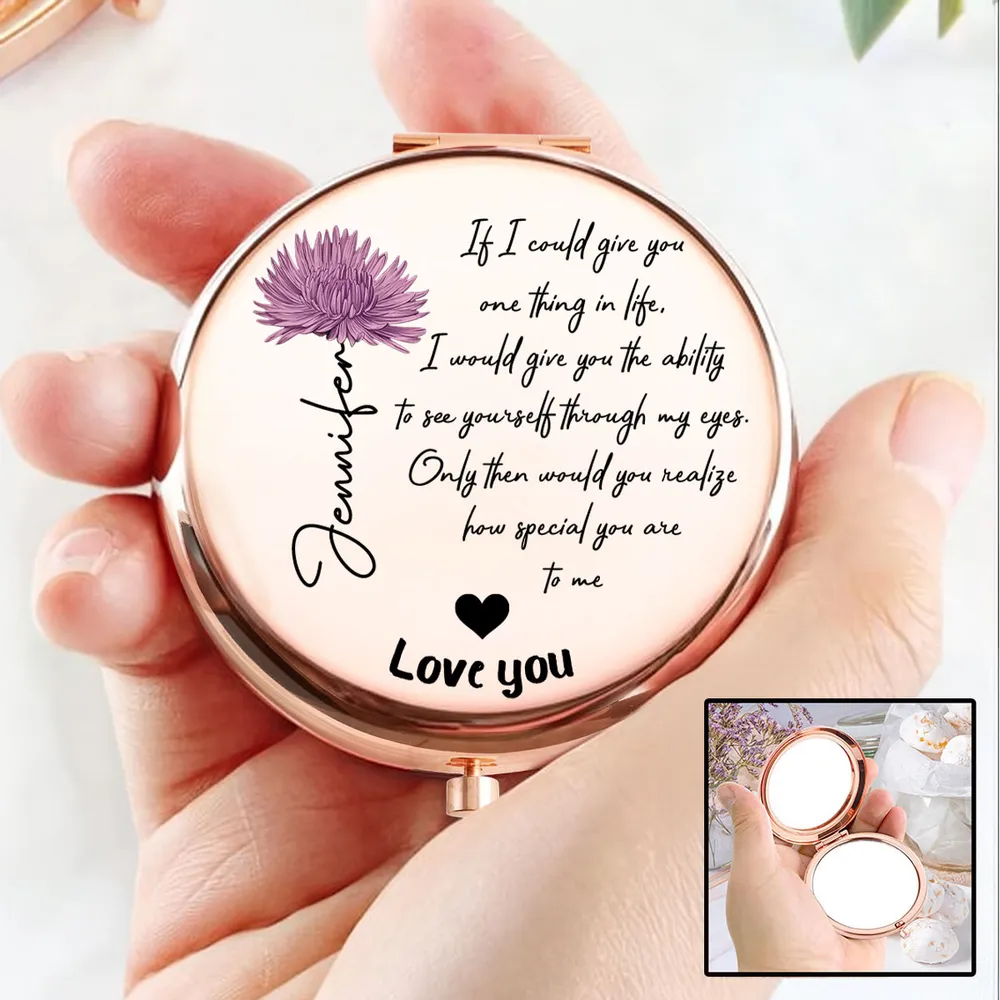 Personalized Metal Compact Mirror with Love Quote, Floral Script Design, Unique Gift for Her to Feel Seen & Loved - Image 2