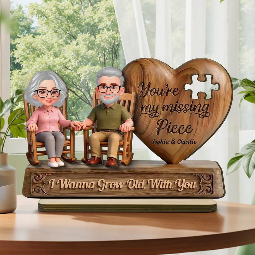 Personalized 2-Layer Wooden Plaque with Elderly Couple Holding Hands, You're My Missing Piece, Unique Gift for Couples
