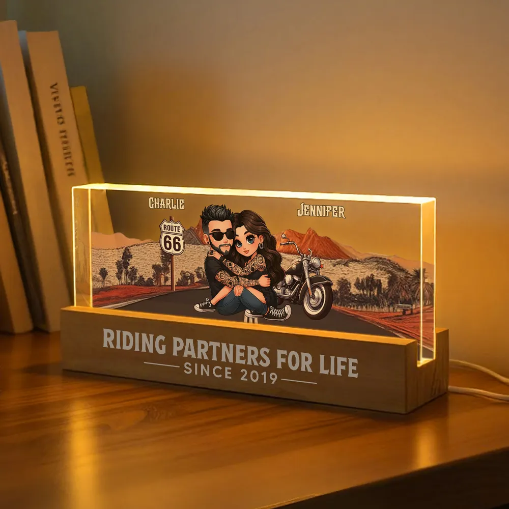 Personalized Block LED Light Plaque for Biker Couple Hugging by Route 66 Sunset Unique Romantic Gift for Him or Her - Image 3