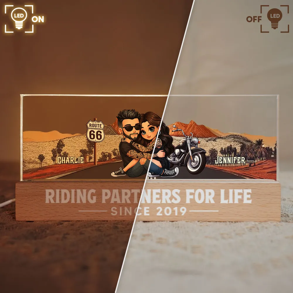 Personalized Block LED Light Plaque for Biker Couple Hugging by Route 66 Sunset Unique Romantic Gift for Him or Her - Image 5