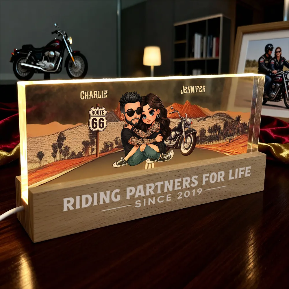 Personalized Block LED Light Plaque for Biker Couple Hugging by Route 66 Sunset Unique Romantic Gift for Him or Her - Image 9