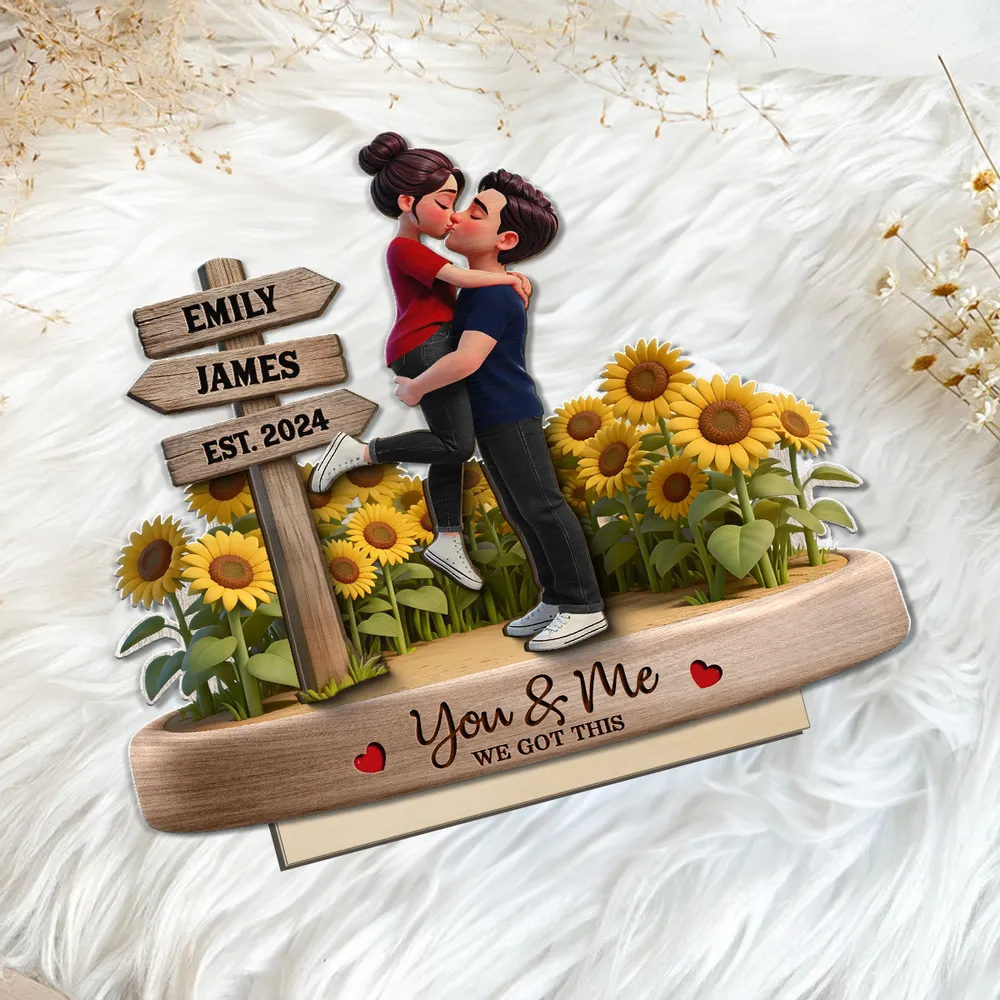 Personalized 2-Layer Wooden Plaque Couple Hugging Kiss in Sunflowers You & Me We Got This Unique Gift for Wife or Husband - Image 3