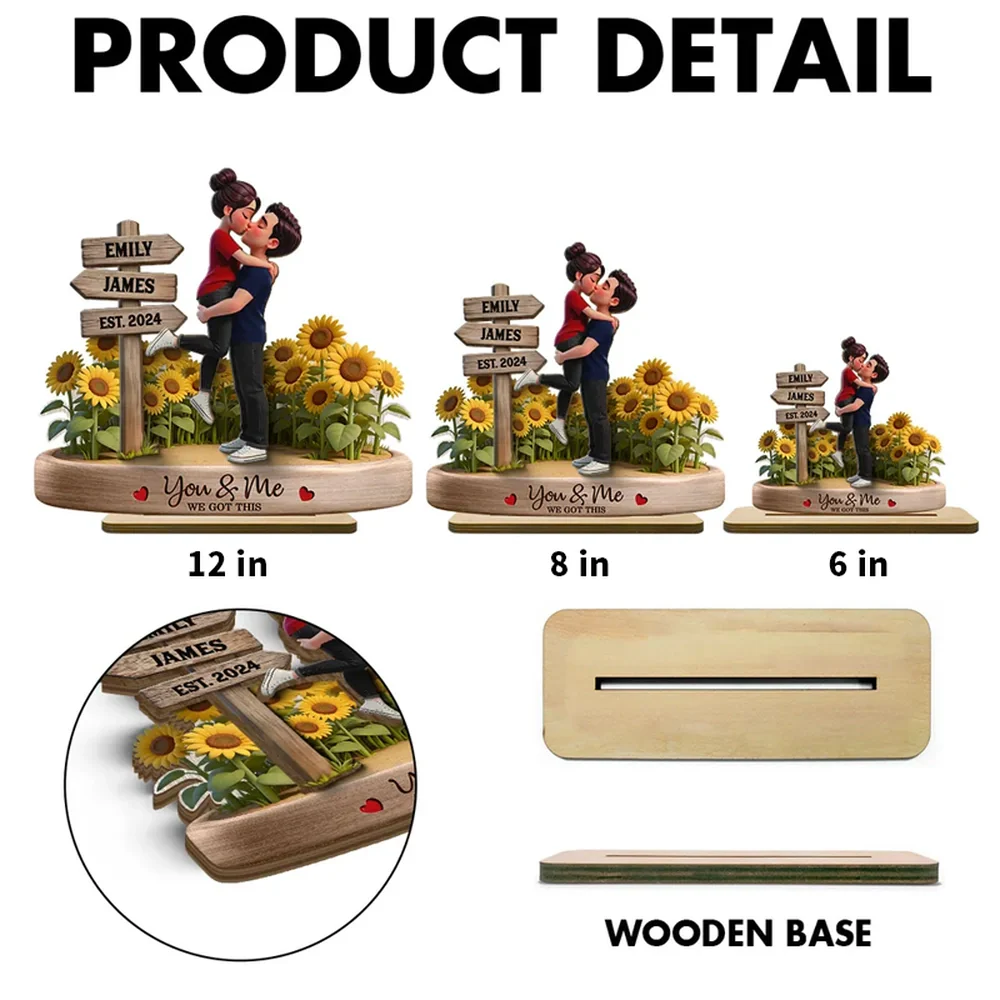 Personalized 2-Layer Wooden Plaque Couple Hugging Kiss in Sunflowers You & Me We Got This Unique Gift for Wife or Husband - Image 4