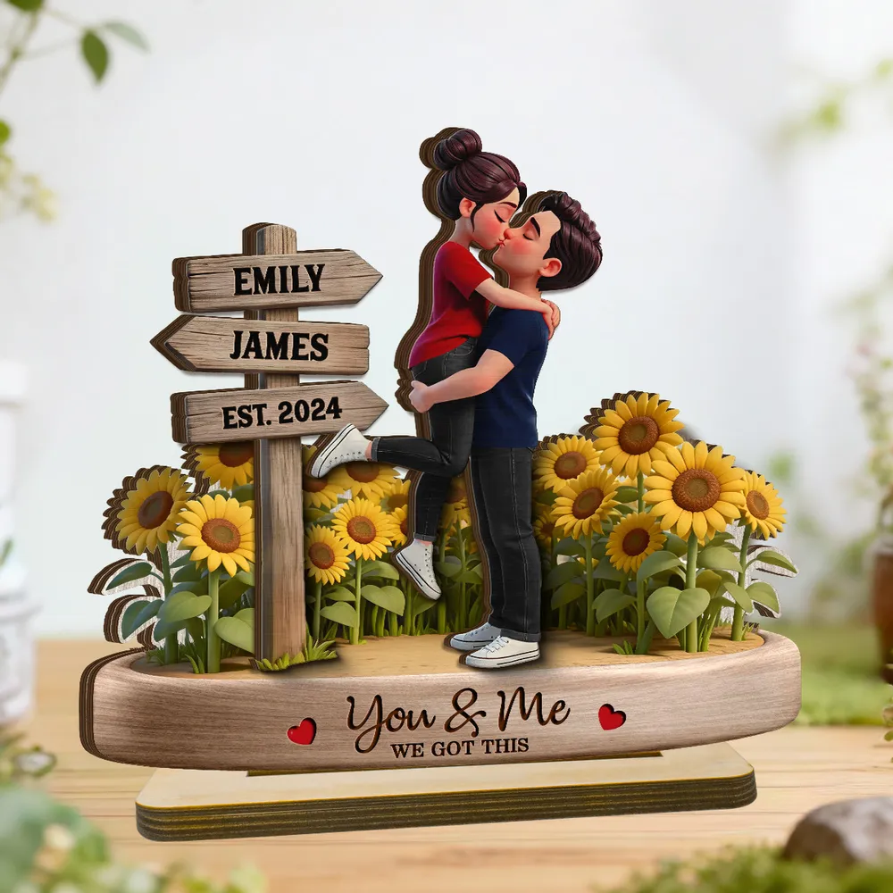 Personalized 2-Layer Wooden Plaque Couple Hugging Kiss in Sunflowers You & Me We Got This Unique Gift for Wife or Husband - Image 6
