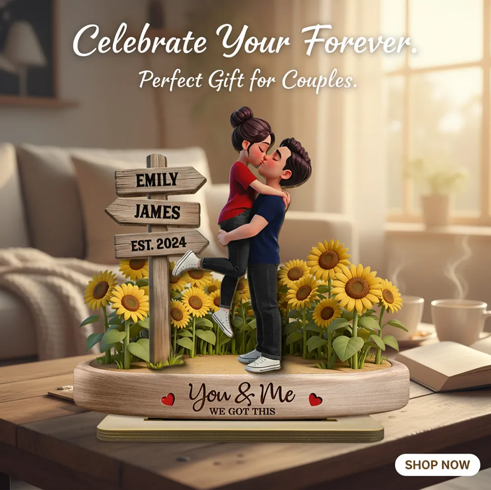 Personalized 2-Layer Wooden Plaque Couple Hugging Kiss in Sunflowers You & Me We Got This Unique Gift for Wife or Husband - Image 7