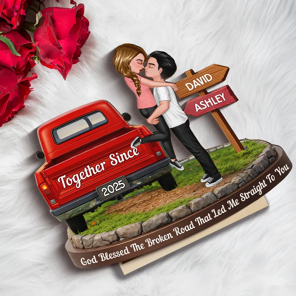 Personalized 2-Layer Wooden Plaque with Kissing Couple by Red Truck Together Since for a Unique Romantic Gift - Image 3