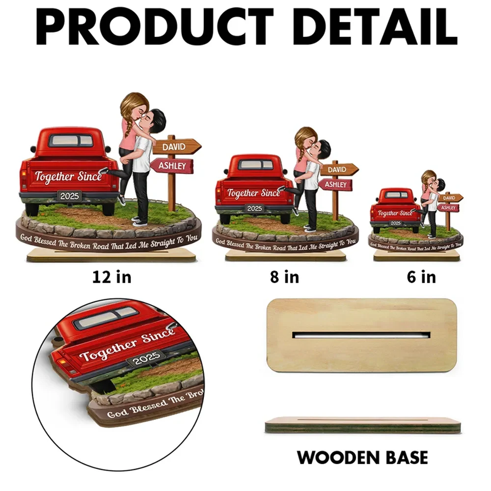 Personalized 2-Layer Wooden Plaque with Kissing Couple by Red Truck Together Since for a Unique Romantic Gift - Image 4
