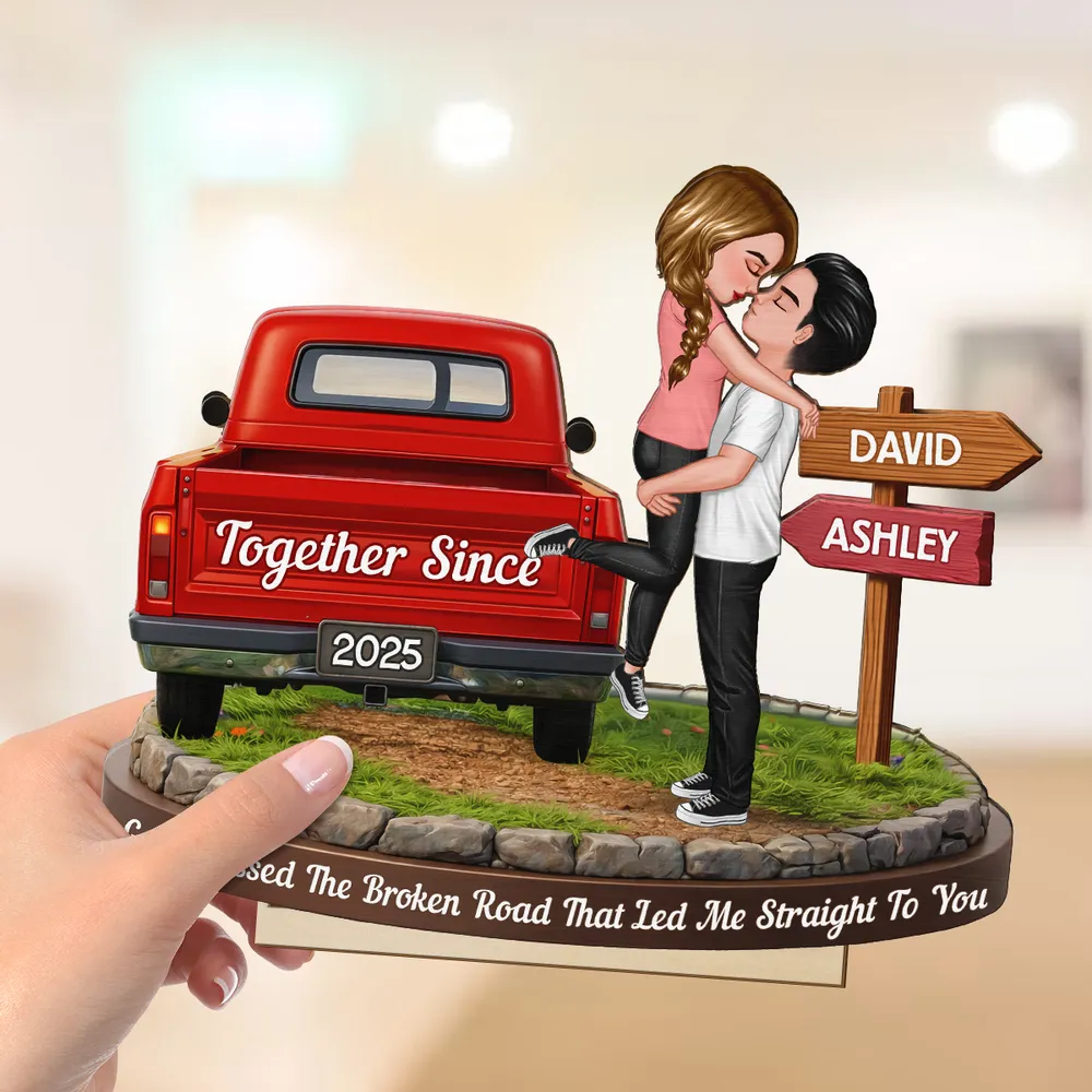 Personalized 2-Layer Wooden Plaque with Kissing Couple by Red Truck Together Since for a Unique Romantic Gift - Image 6