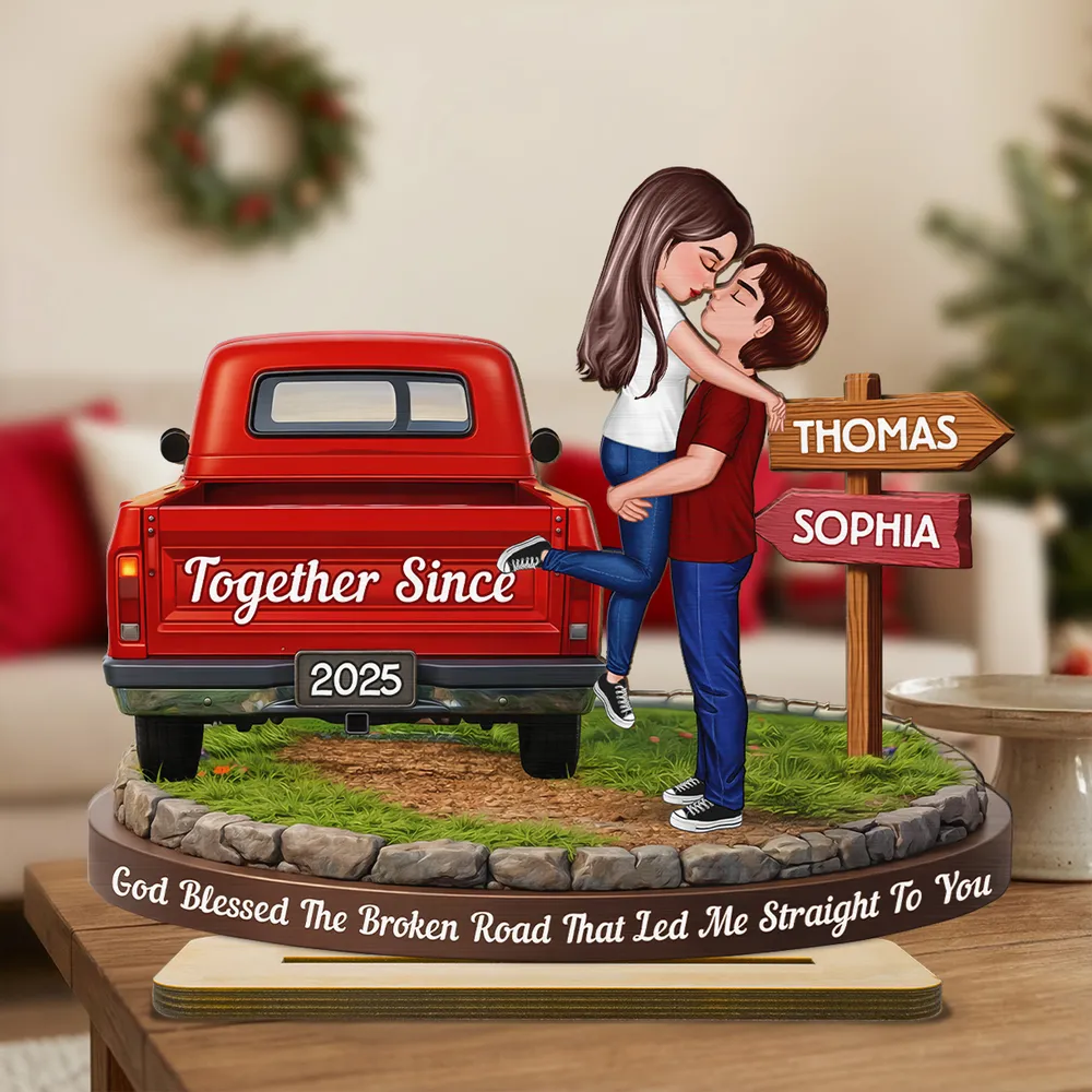 Personalized 2-Layer Wooden Plaque with Kissing Couple by Red Truck Together Since for a Unique Romantic Gift - Image 8