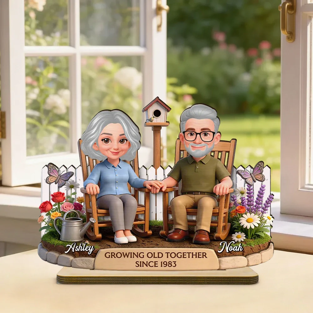 Personalized 2-Layer Wooden Plaque with Couple in Garden Rocking Chairs, Growing Old Together Unique Gift for Husband or Wife