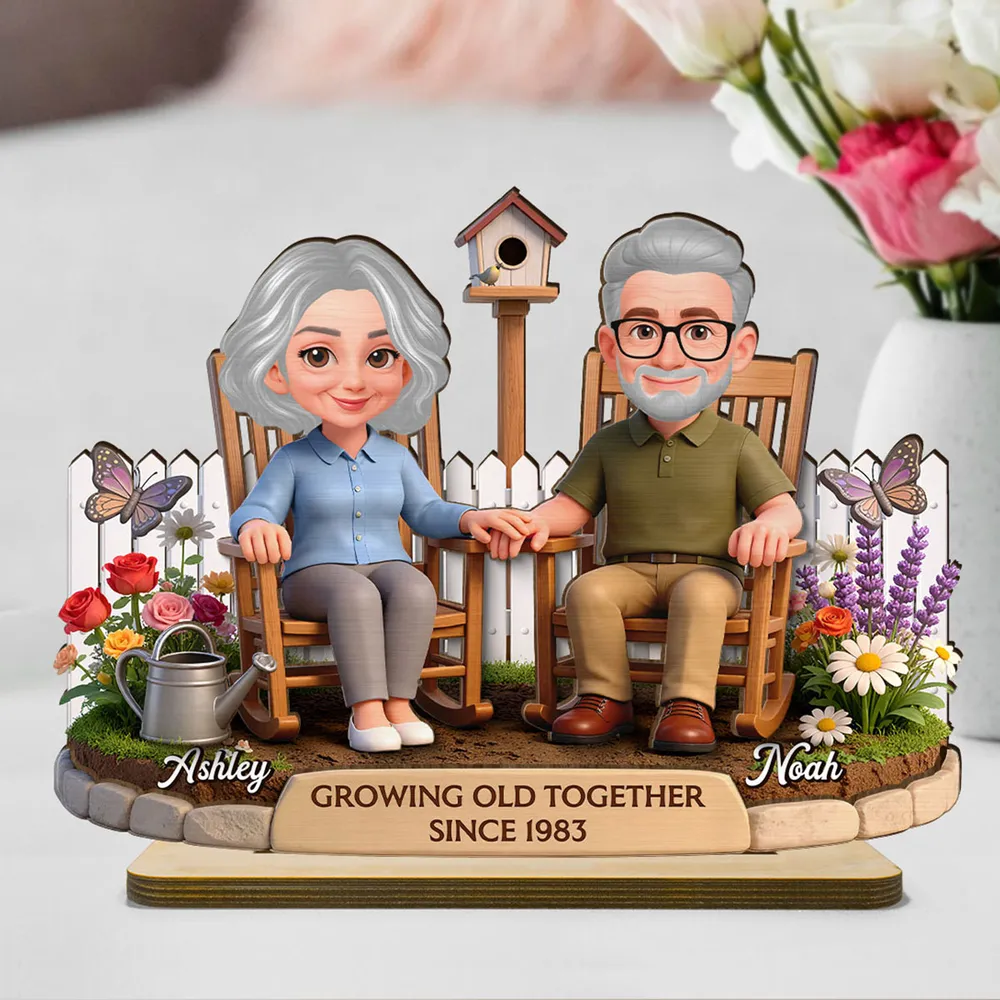 Personalized 2-Layer Wooden Plaque with Couple in Garden Rocking Chairs, Growing Old Together Unique Gift for Husband or Wife - Image 2
