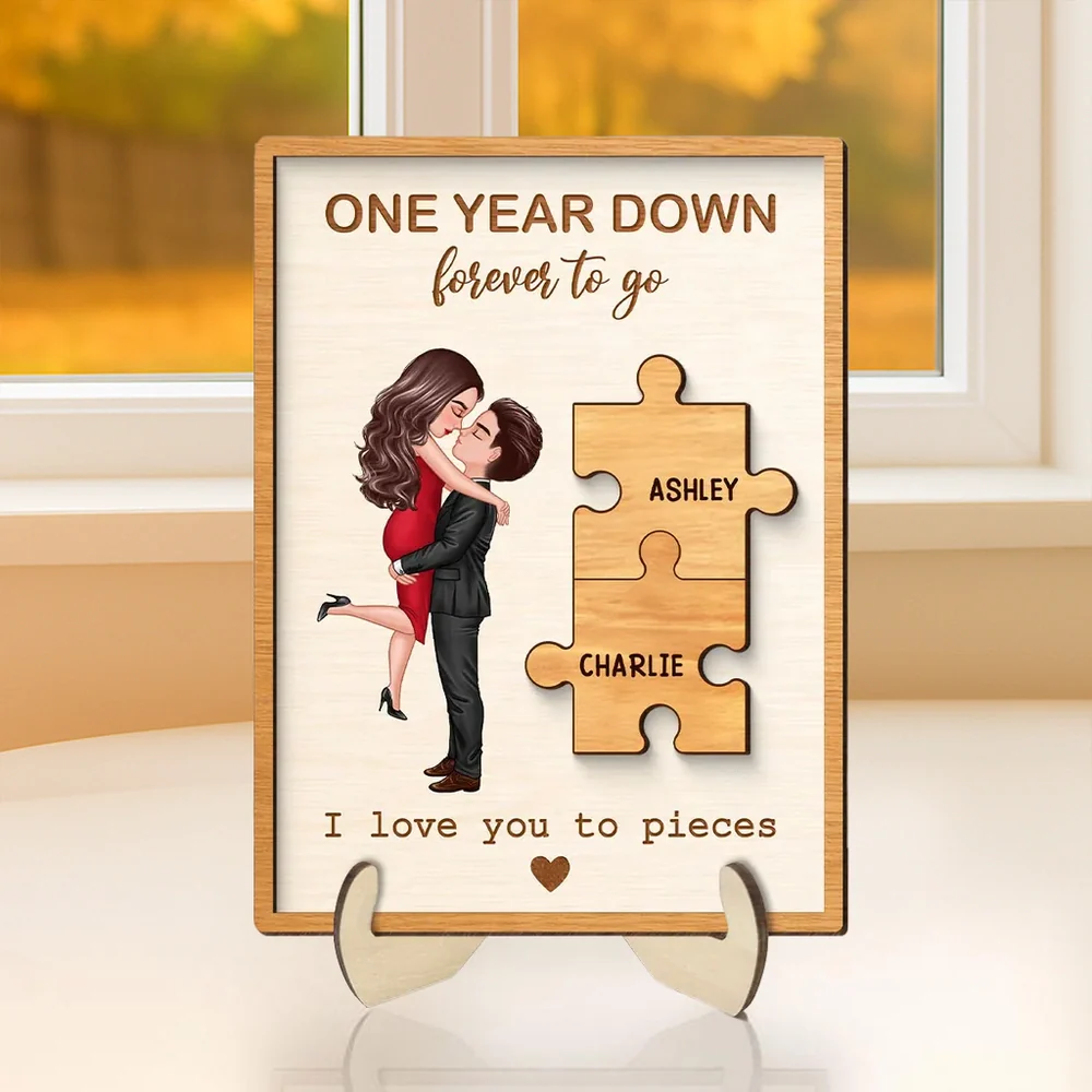 Personalized 2-Layer Wooden Plaque with Kissing Couple and Puzzle Pieces, Romantic Keepsake, Unique Gift for Couple