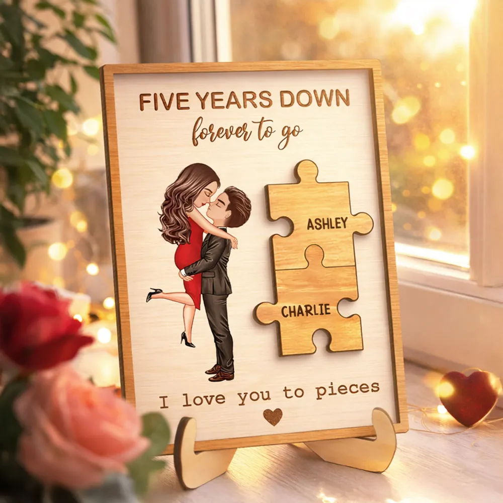Personalized 2-Layer Wooden Plaque with Kissing Couple and Puzzle Pieces, Romantic Keepsake, Unique Gift for Couple - Image 2