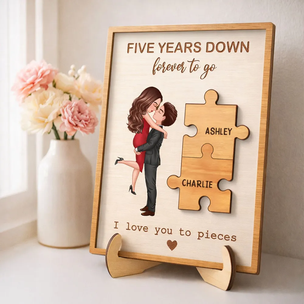 Personalized 2-Layer Wooden Plaque with Kissing Couple and Puzzle Pieces, Romantic Keepsake, Unique Gift for Couple - Image 4