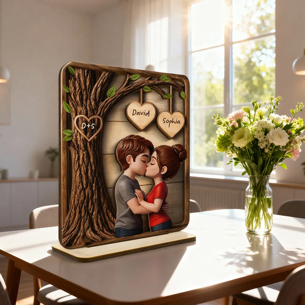 Personalized 2-Layer Wooden Plaque with Kissing Couple Under Tree for Desk or Shelf, Romantic Unique Gift for Her or Him - Image 2