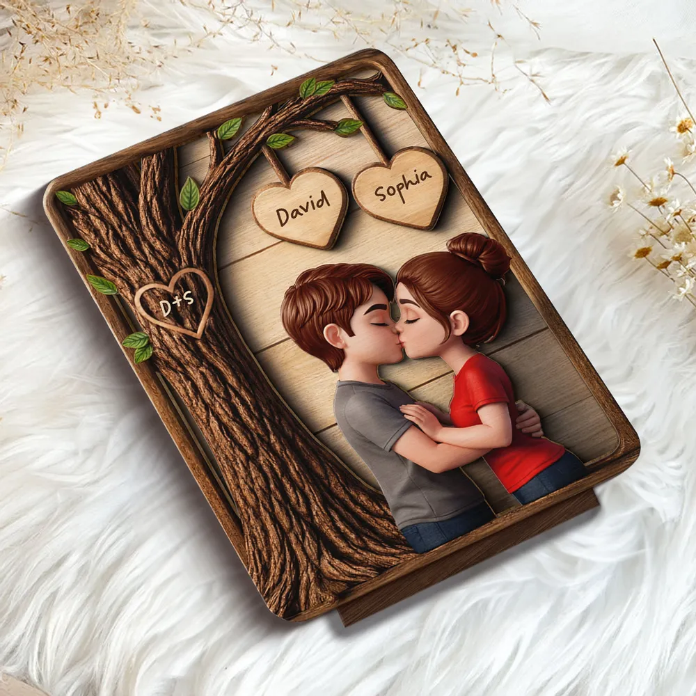Personalized 2-Layer Wooden Plaque with Kissing Couple Under Tree for Desk or Shelf, Romantic Unique Gift for Her or Him - Image 3