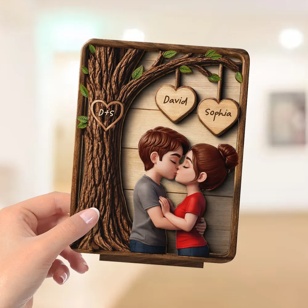 Personalized 2-Layer Wooden Plaque with Kissing Couple Under Tree for Desk or Shelf, Romantic Unique Gift for Her or Him - Image 4