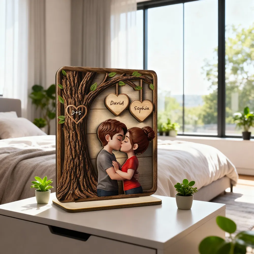 Personalized 2-Layer Wooden Plaque with Kissing Couple Under Tree for Desk or Shelf, Romantic Unique Gift for Her or Him - Image 5