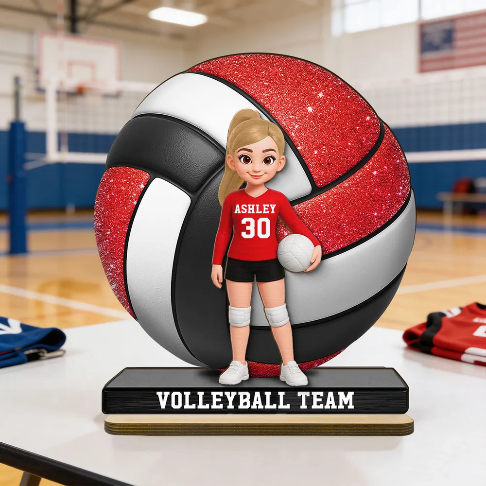 Personalized 2-Layer Wooden Plaque Volleyball Player in Gym - Unique Team Gift with Bold Sparkle Look - Image 2