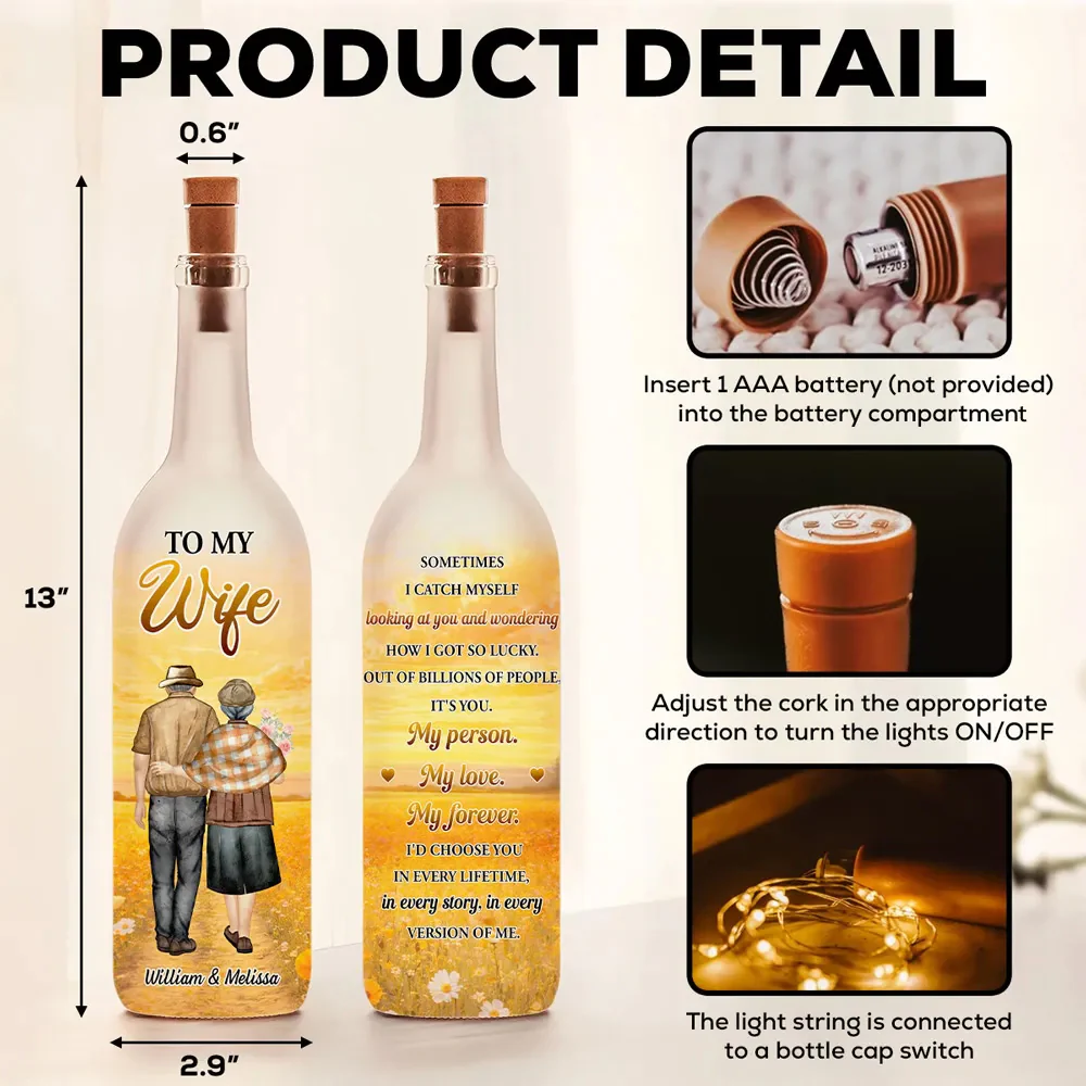 How Lucky I Am Personalized Bottle Lamp, Cozy Warm Glow Night Light with Sunset Couple Art, Thoughtful Gift for Wife - Image 6