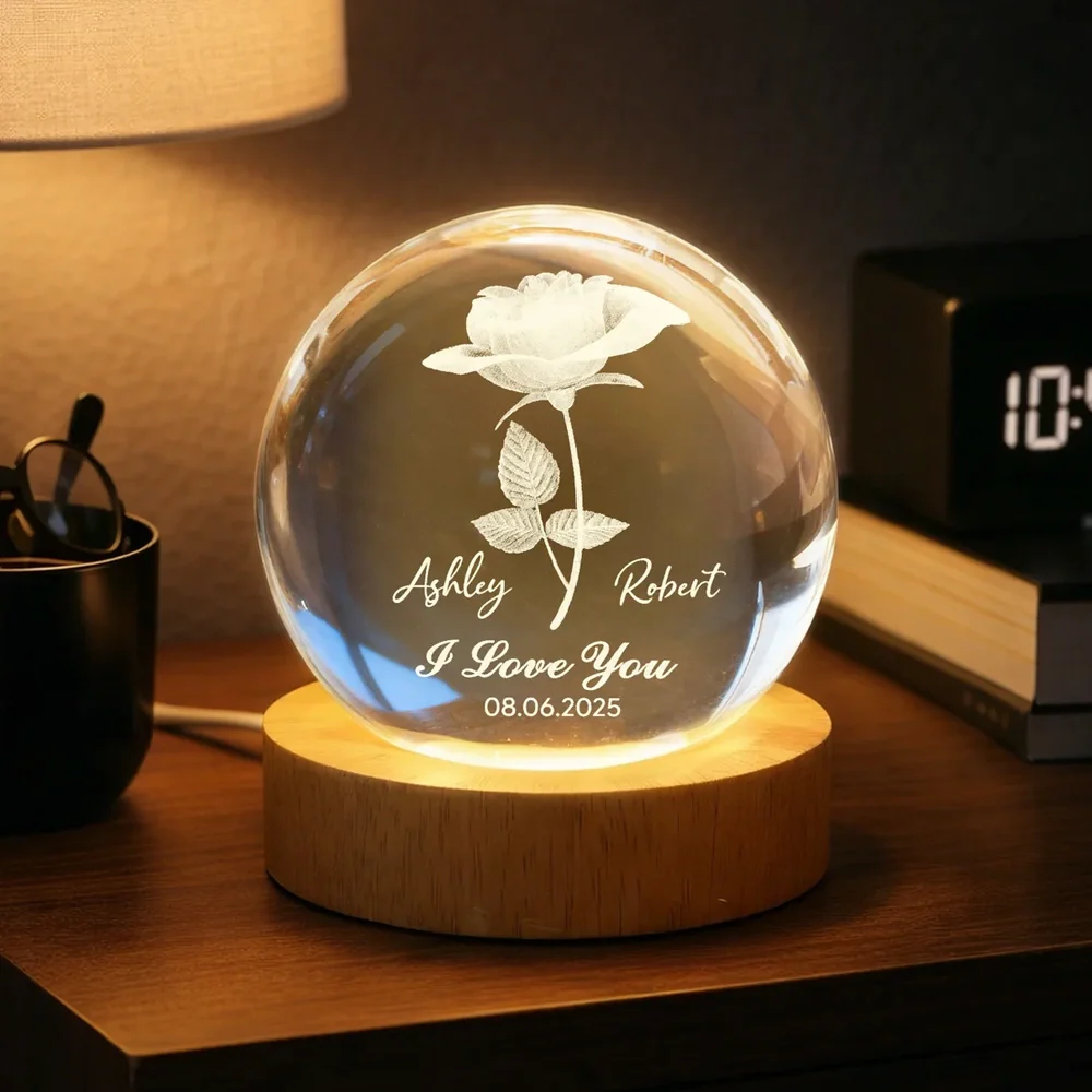 Personalized I Love You Globe Lamp with Rose Design - Cozy Bedside Glow for Her or Him, Unique Gift